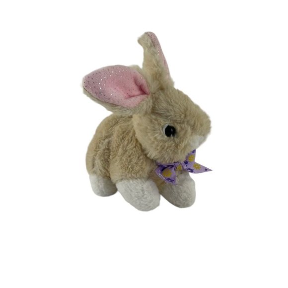 Hug Fun Cream Bunny Rabbit Plush 7" Purple Floral Bow Pink Glitter Ears Easter - Picture 2 of 6